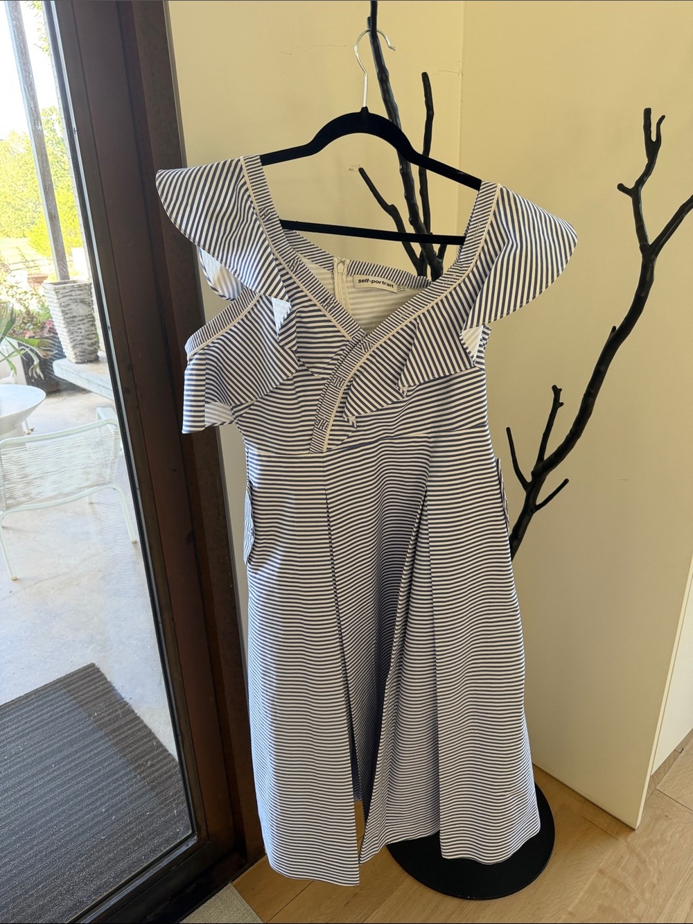 Self-Portrait Navy and White Striped Ruffle-Shoulder Midi Dress